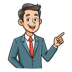 Business man pointing finger at something. Happy face. Hand drawn style vector design illustrations. 