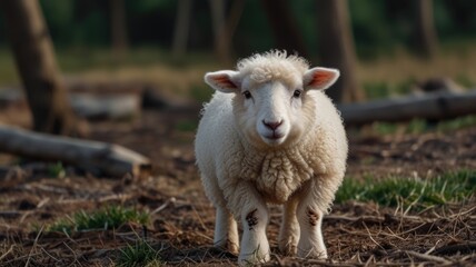 Obraz premium A curious sheep stands in a grassy field under soft morning light in a serene countryside setting