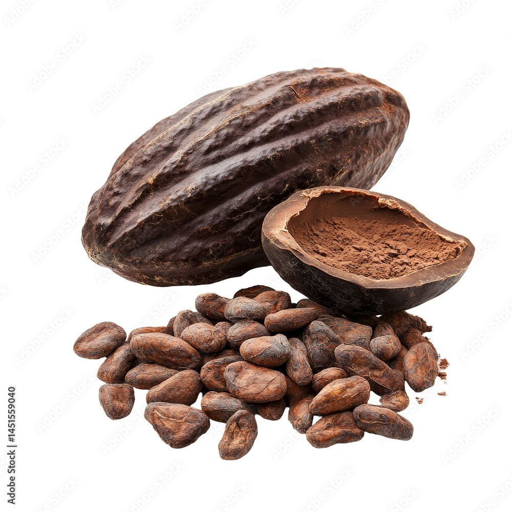 Poster fresh cocoa pod and cocoa beans displayed on a transparent background, highlighting the natural text