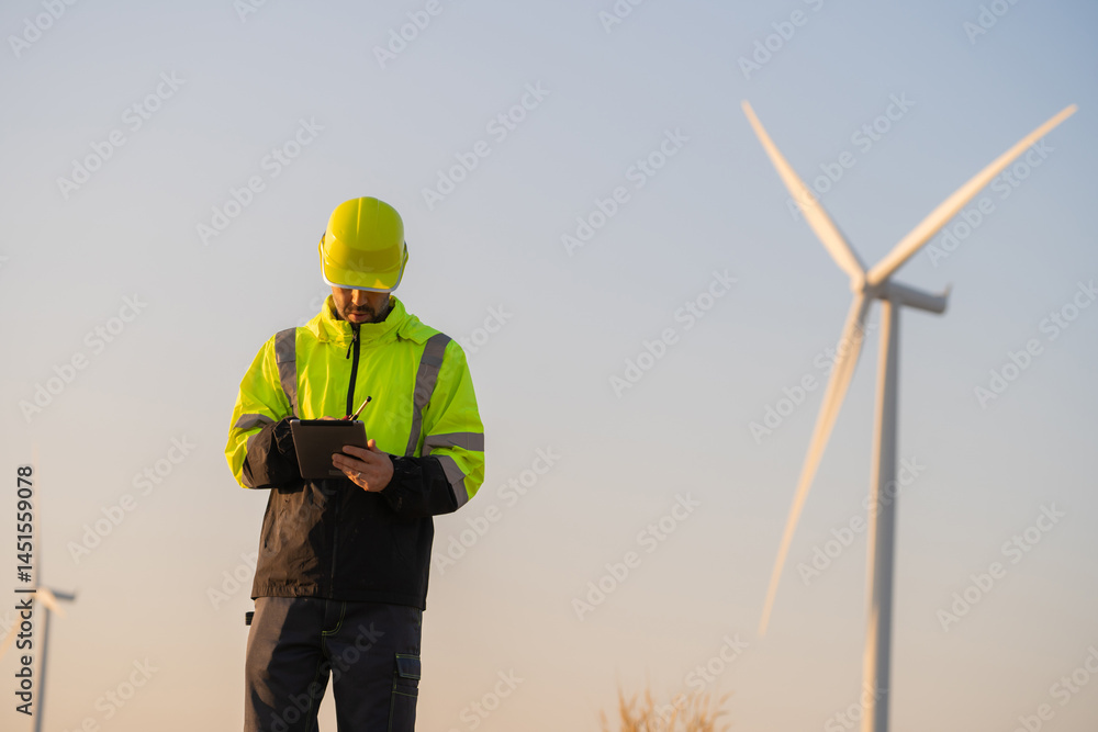 Poster engineer man working with tablet at windmill farm generating electricity clean energy. wind turbine 