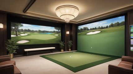 Sleek Interior of a Modern Indoor Golf Simulator Club with Advanced Technology and Vibrant Decor