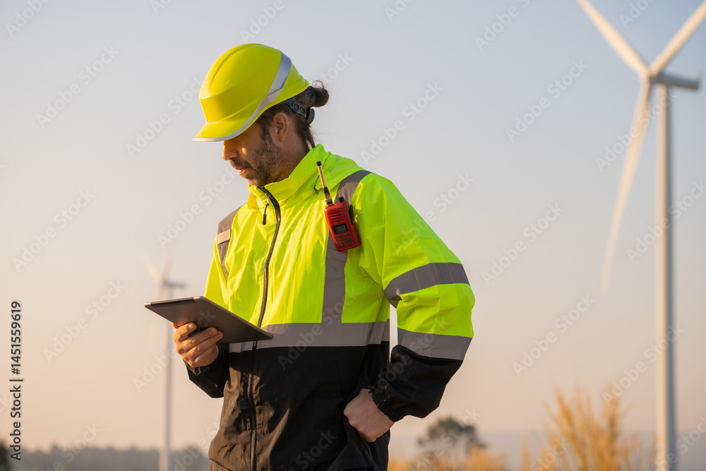 Aufkleber Engineer man working with tablet at windmill farm Generating electricity clean energy. Wind turbine farm generator by alternative green energy.