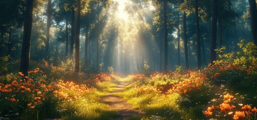 Obraz premium Sunlit Path Through a Magical Forest