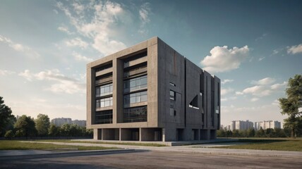 Obraz premium Modern Concrete Gray Building Structure with Open View. Minimalistic Urban Architecture City
