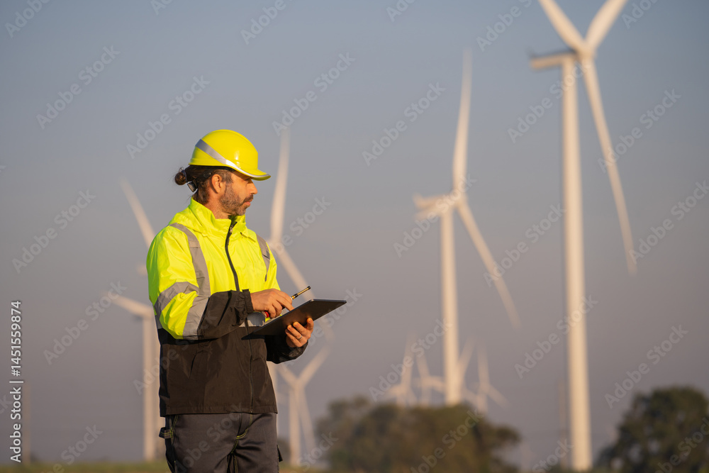 Poster engineer man working with tablet at windmill farm generating electricity clean energy. wind turbine 