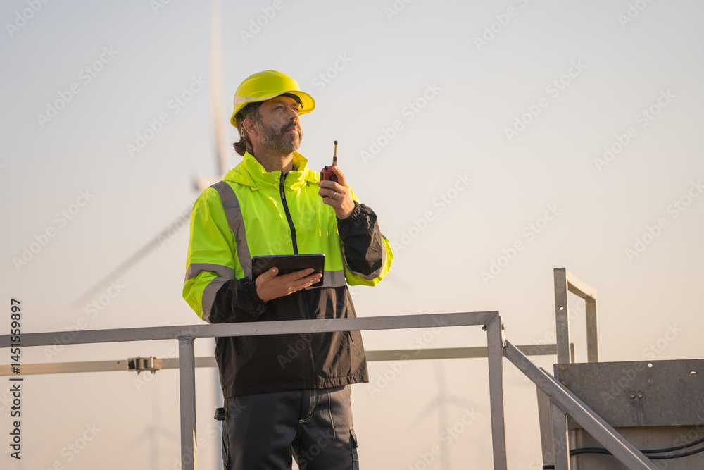 Aufkleber Engineer man working with tablet at windmill farm Generating electricity clean energy. Wind turbine farm generator by alternative green energy.