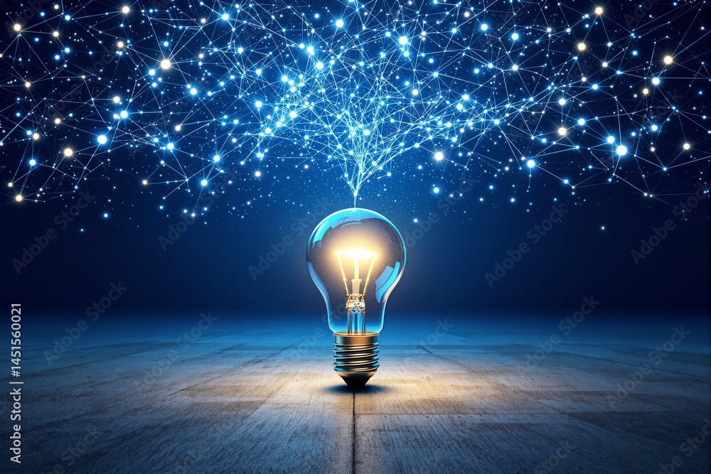 Poster glowing light bulb with abstract digital network connections on dark background.