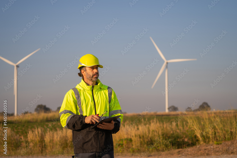 Poster engineer man working with tablet at windmill farm generating electricity clean energy. wind turbine 
