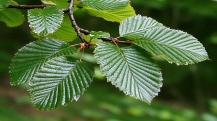 Fresh green leaves on branch in forest