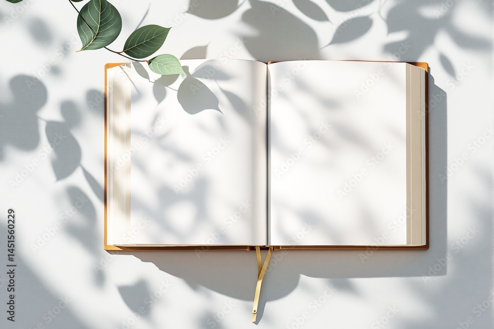 Poster blank open book with golden edges and ribbon bookmark on white background with leaf shadows.