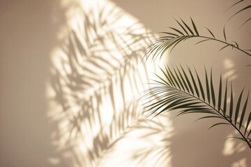 Palm leaves with soft shadows on beige wall background.