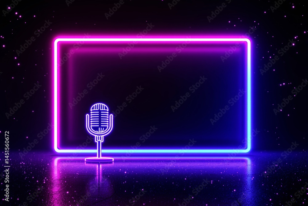 Poster neon microphone with glowing frame on dark background.