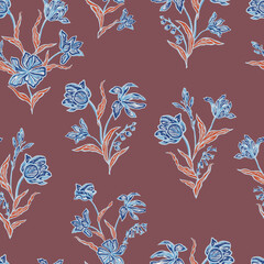Seamless vector pattern featuring delicately sketched floral motifs in blue and orange on a deep maroon background