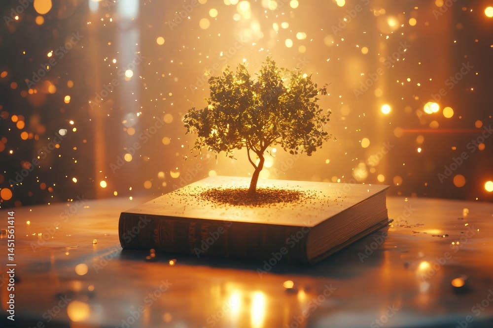 Poster tree growing from book on table