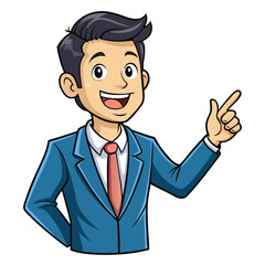 Business man pointing finger at something. Happy face. Hand drawn style vector design illustrations. 