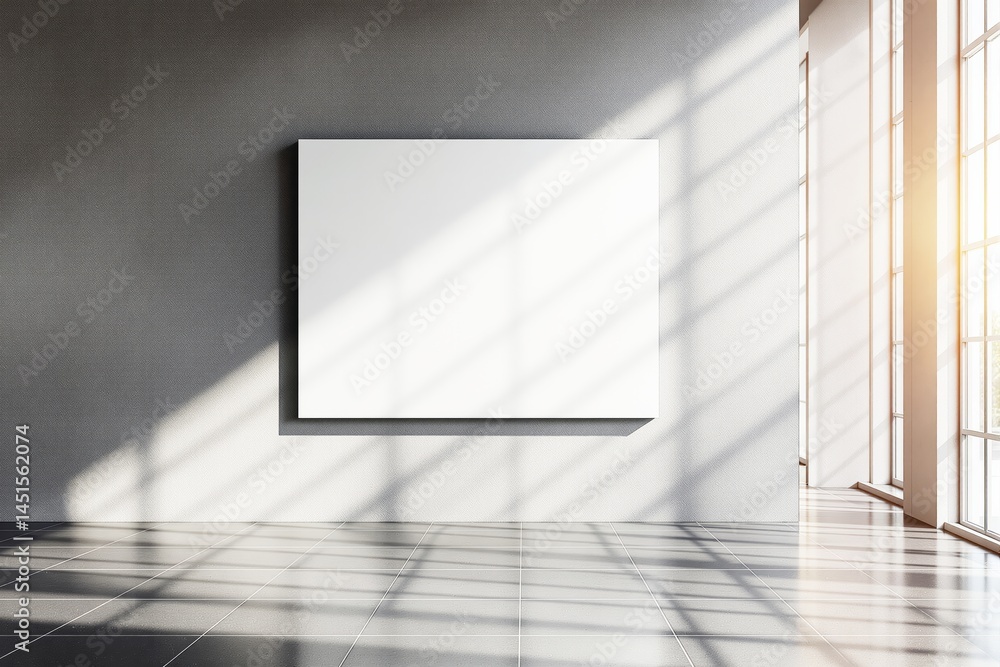 Poster blank white canvas on a modern gallery wall with sunlight casting shadows from large windows.