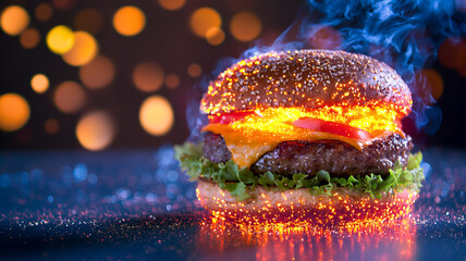 delicious burger with melted cheese, fresh lettuce, and vibrant tomatoes, surrounded by magical glow and sparkles