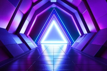 Futuristic neon tunnel with glowing triangular entrance.