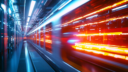 vibrant and dynamic view of subway tunnel with colorful light streaks from passing train, creating sense of speed and motion