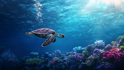 serene sea turtle glides gracefully through vibrant coral reefs, surrounded by bubbles in clear blue ocean