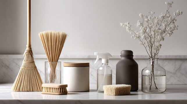 Still life showcasing artisanal cleaning tools and natural elements on marble surface