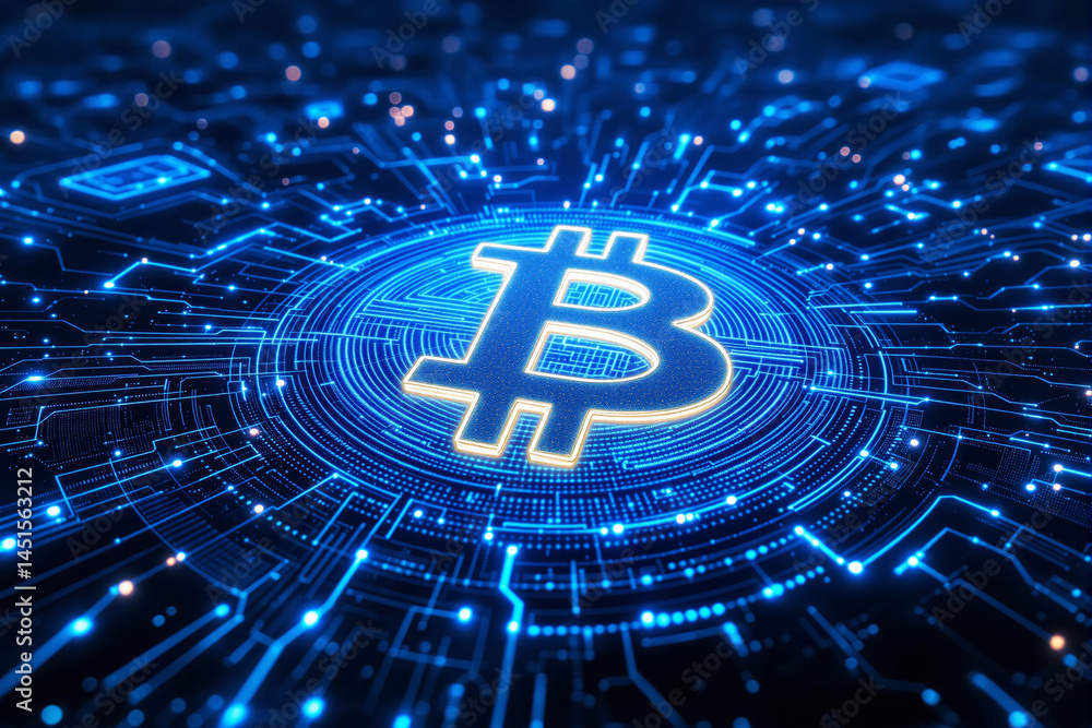 Poster bitcoin digital currency with glowing circuit connections on a dark background.