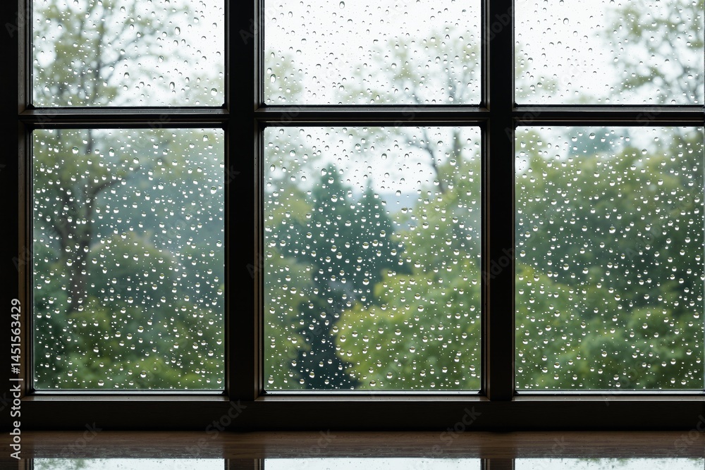 Poster raindrops on glass window with blurred green trees in background.
