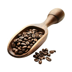 Obraz premium Freshly roasted coffee beans in a wooden scoop on a transparent background ready for brewing delicious beverages, Coffee beans on wooden scoop isolated on transparent background