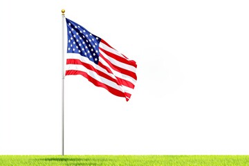 American flag waving on a flagpole over green grass with a bright white background.