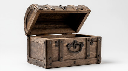 An antique wooden treasure chest awaits its lid open revealing an empty space full of potential rich dark wood metal