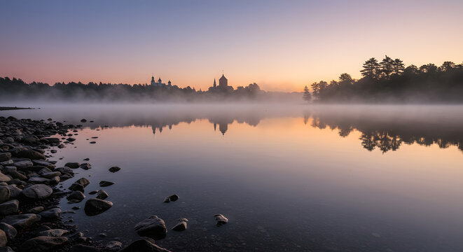 A chill foogy sunset over a calm lake, with a golden sky reflecting on the water