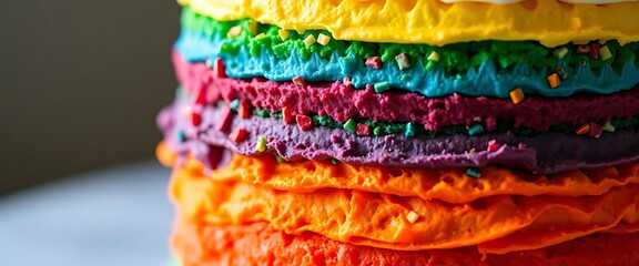 close up of a multi colored cake