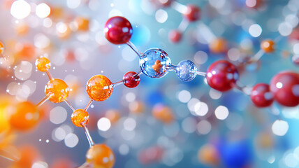 Molecular structure with colorful atoms and blurred background, showcasing scientific beauty and complexity