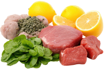 Fresh meat and citrus fruits  Variety of cuts of beef, surrounded by lemons and limes, along with fresh green leaves