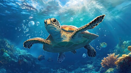 Fototapeta premium Sea turtle swimming in vibrant coral reef. Sunlight streams through water