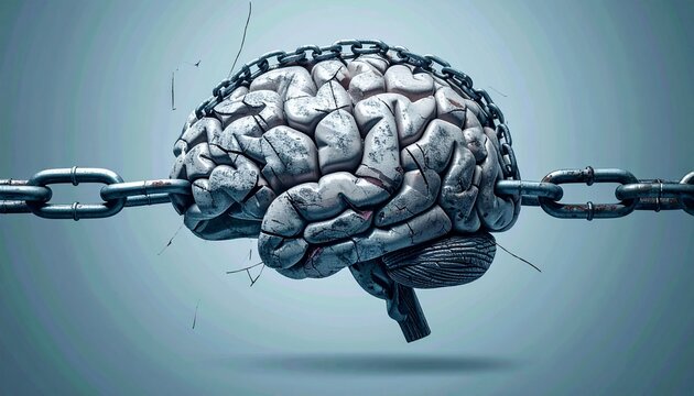 Powerful illustration of a brain formed from broken chains, representing liberation from addiction
