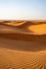 Scenic view of textured sand dunes in the desert near Dubai, UAE, lit by soft evening light. Desert vertical background 
