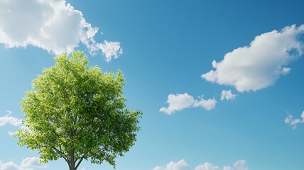 Obraz premium vibrant green tree stands against clear blue sky with fluffy white clouds, creating serene and peaceful atmosphere