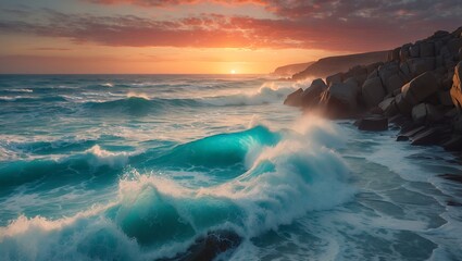 Ocean Waves Crashing on Rocky Shoreline at Sunset with Dramatic Sky