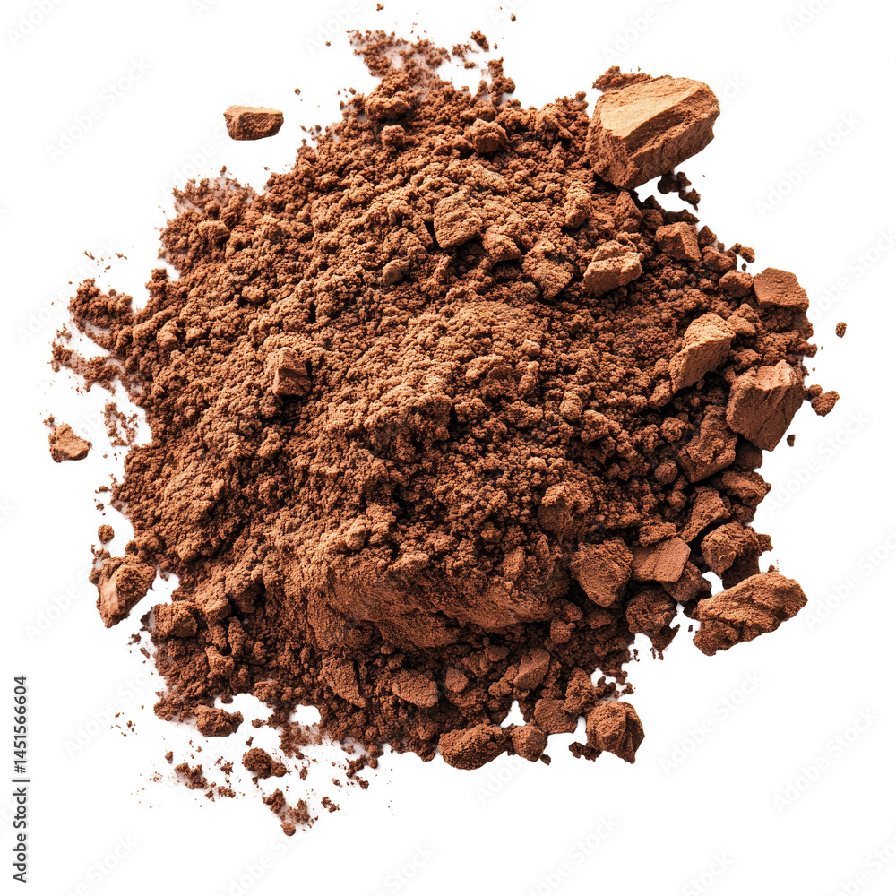 Poster cocoa powder spread on a transparent background showcasing its rich texture and color, perfect for b