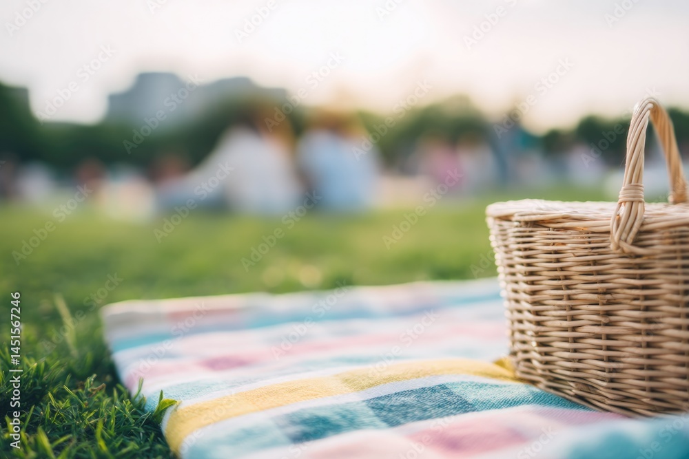 Poster summer picnic scene with focus on colorful blanket and picnic basket in foreground people in backgro