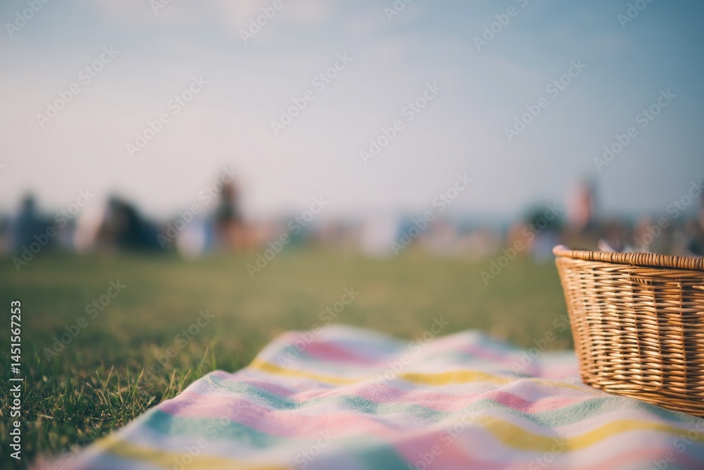 Poster summer picnic scene with focus on colorful blanket and picnic basket in foreground people in backgro
