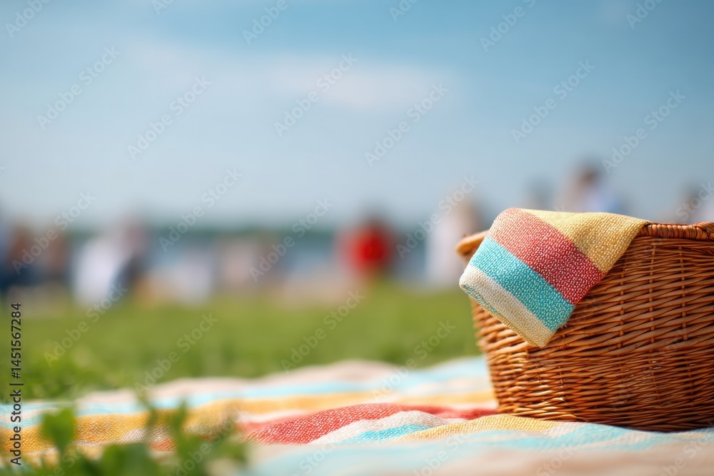 Poster summer picnic scene with focus on colorful blanket and picnic basket in foreground people in backgro