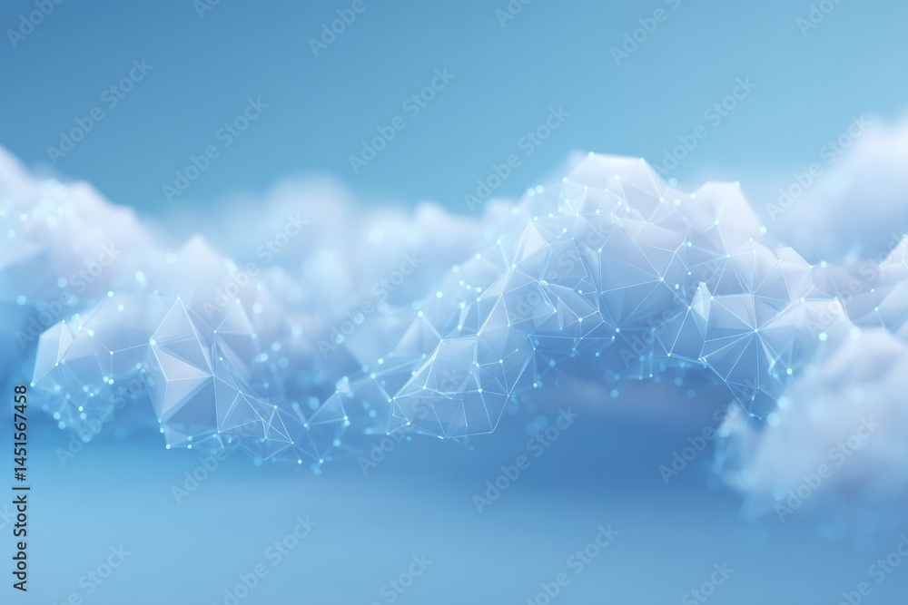 Poster visualize concept of cloud technology with interconnected geometric shapes mimicking cloud network