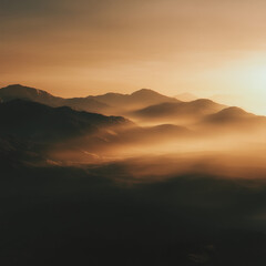 Fototapeta premium A cinematic sunrise illuminating misty mountains with gentle golden light