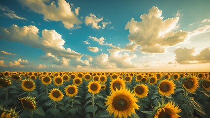 Fototapeta premium Sunflower Field Under Bright Sky with Clouds at Golden Hour