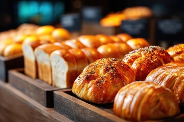 Freshly baked breads and pastries displayed in wooden trays.