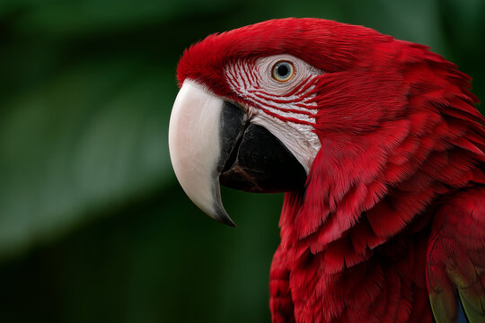 A close-up of a red parrot with vibrant plumage