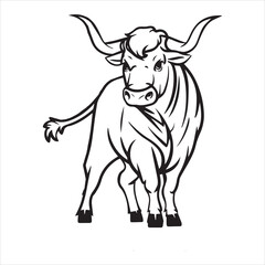 Illustration of a bull with long horns standing in a black and white art vector illustration
