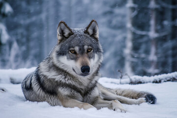Wolf Lying in Snowy Forest